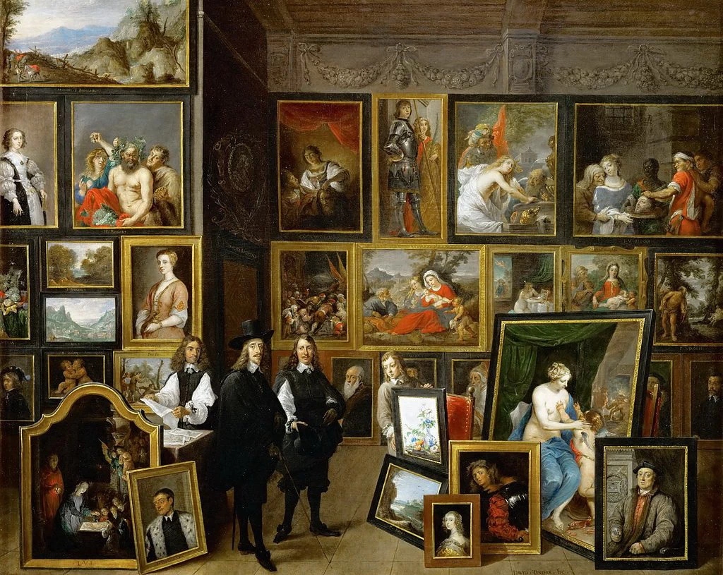 La galleria dell'Arciduca - in piedi con il cappello in mano, a destra un autoritratto del suo pittore di corte, Museo Lázaro Gald